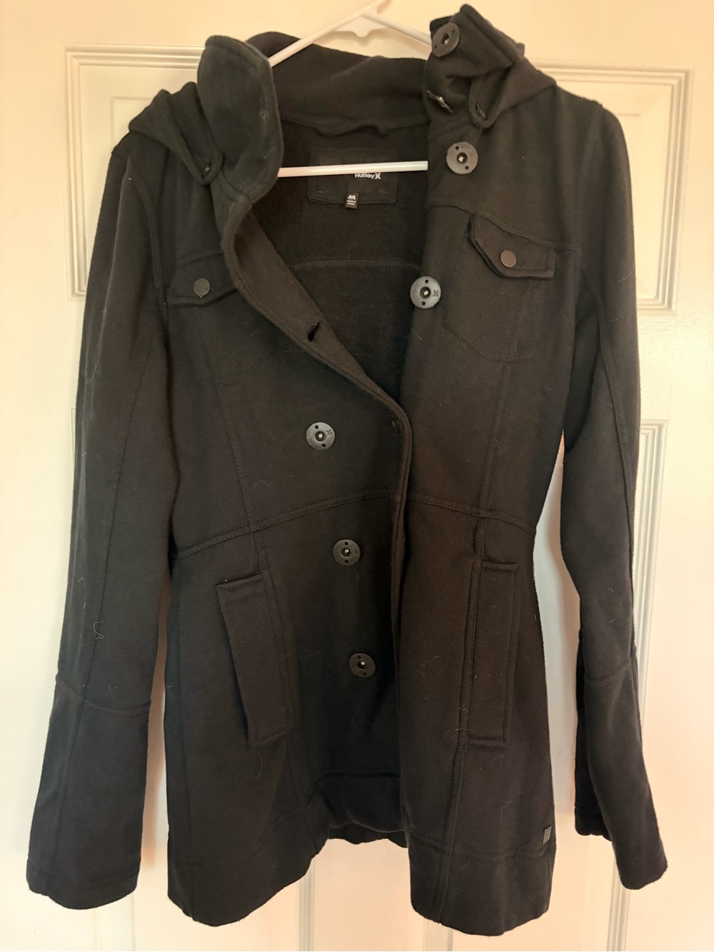 Hurleys Women’s Black Button-Front Hooded Peacoat